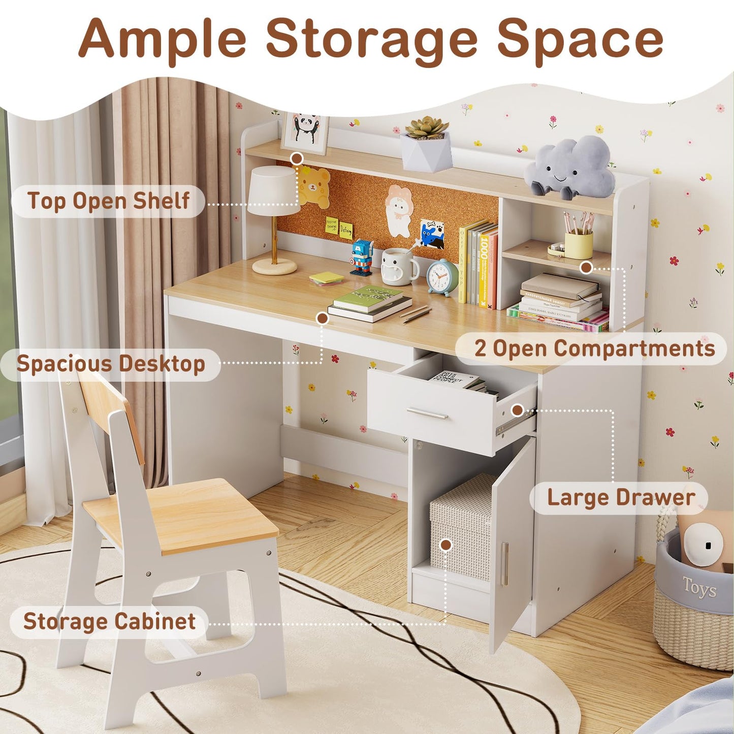 Kids Study Desk and Chair Set with Shelves and Storage Cabinet
