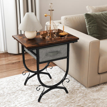 2 Tier Industrial Bedside Table with Fabric Drawer and Wood Top