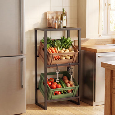 3-Tier Drink Crate Rack, Metal Bottle Storage Shelf with 3 Adjustable Angles & 2 Hooks