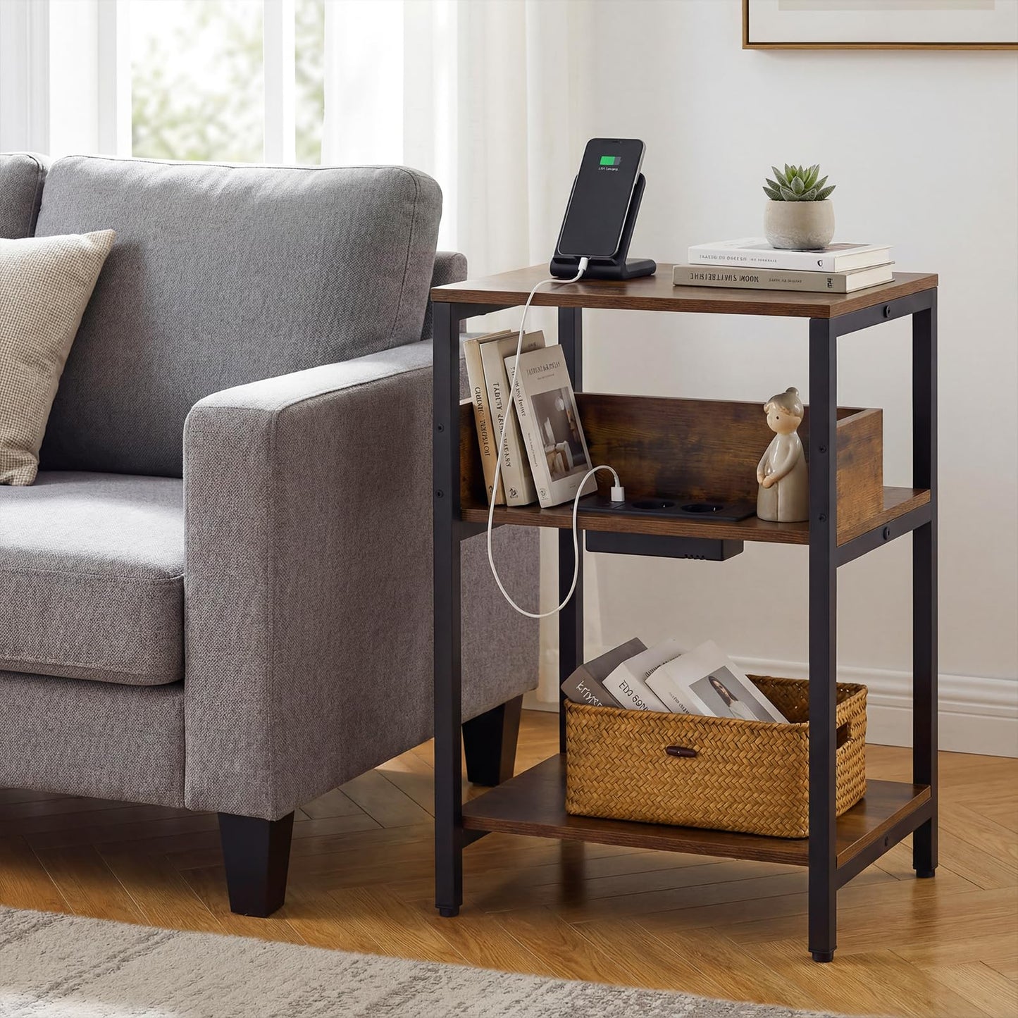 Side Table with Charging Station, 3-Tier Industrial Nightstand Bedside Table