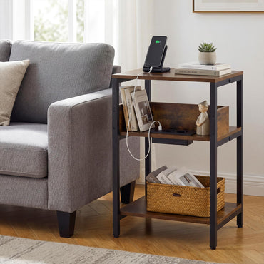 Side Table with Charging Station, 3-Tier Industrial Nightstand Bedside Table