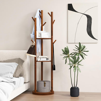 Freestanding Wooden Coat Rack Stand with 3 Display Storage Shelves and 9 Hooks