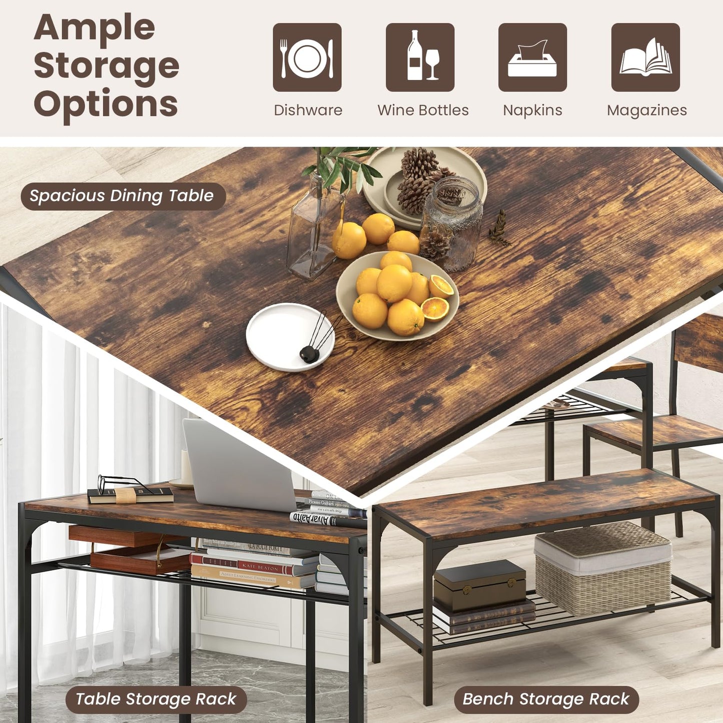 Dining Table Set for 4 with Storage Racks and Metal Frame