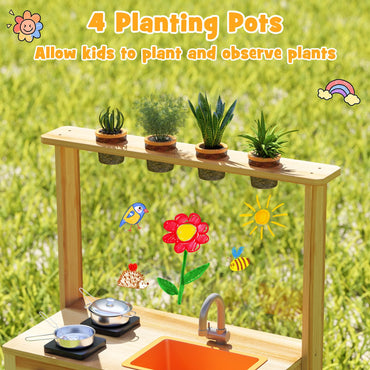 Fir Wood Play Kitchen with Planting Pots and Removable Sink for Backyard Garden