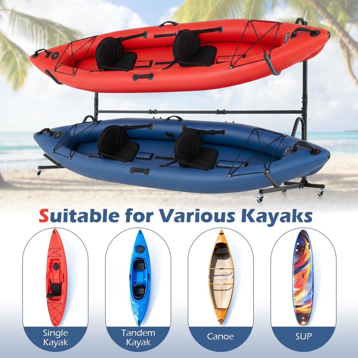 Freestanding Kayak Storage Rack for 2 Kayaks with 6 Lockable Wheels