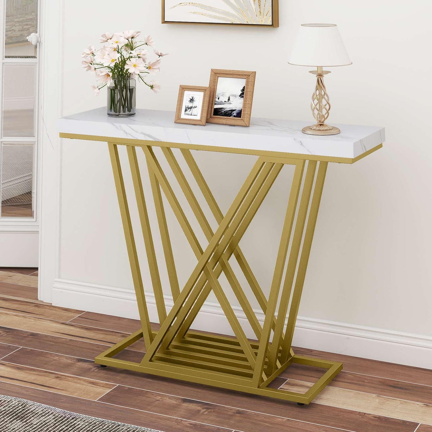 Gold Console Table Modern Sofa Table with Faux Marble Rectangular Tabletop