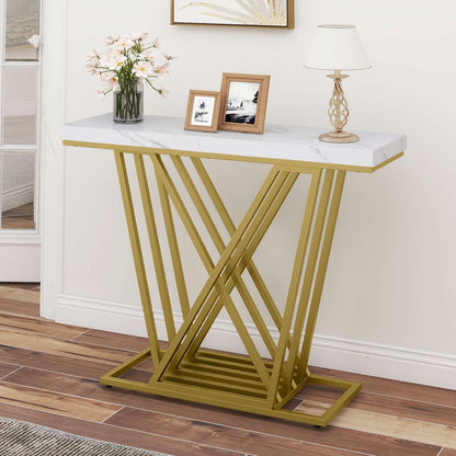 Gold Console Table Modern Sofa Table with Faux Marble Rectangular Tabletop