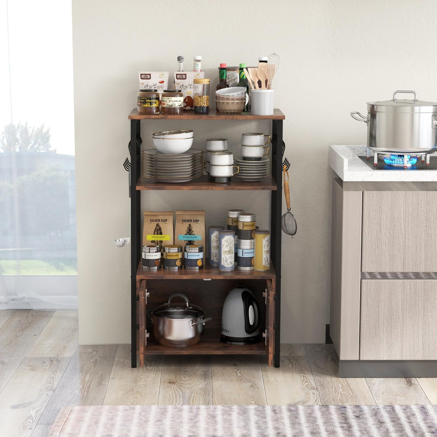 3-Tier Kitchen Bakers Rack with Cabinet Open Shelves and 10 Removable S-Shaped Hooks