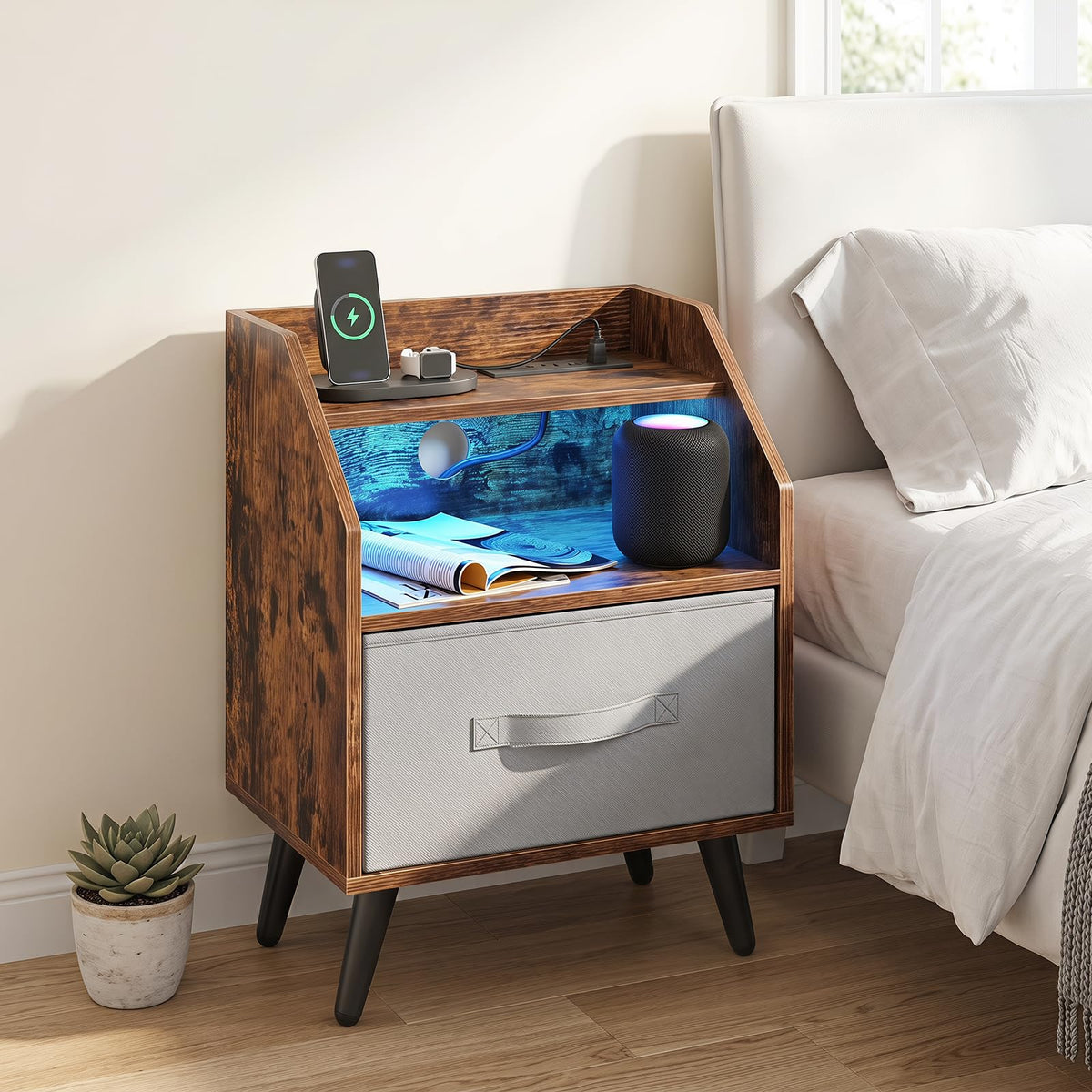 Bedside Table with Charging Station and LED Lights