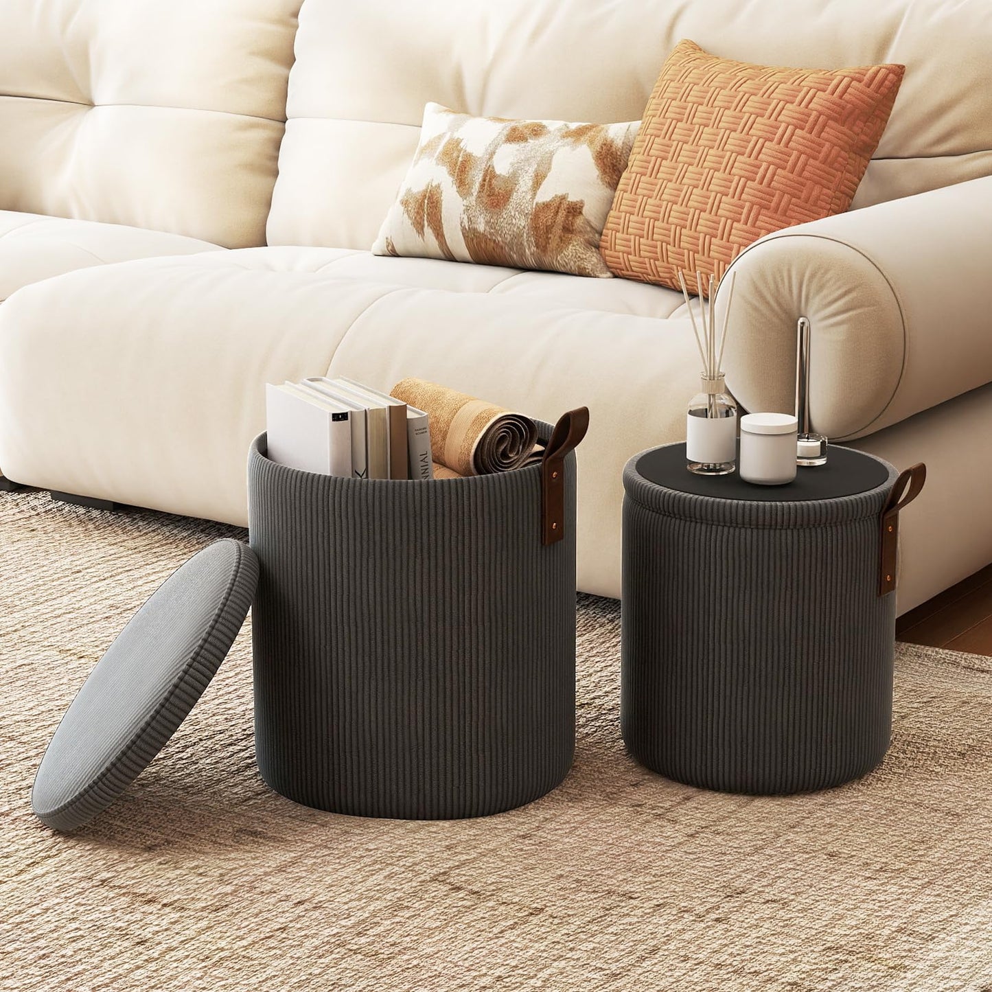 Round Ottoman with Storage Set of 2 with Removable Lids and Padded Seats