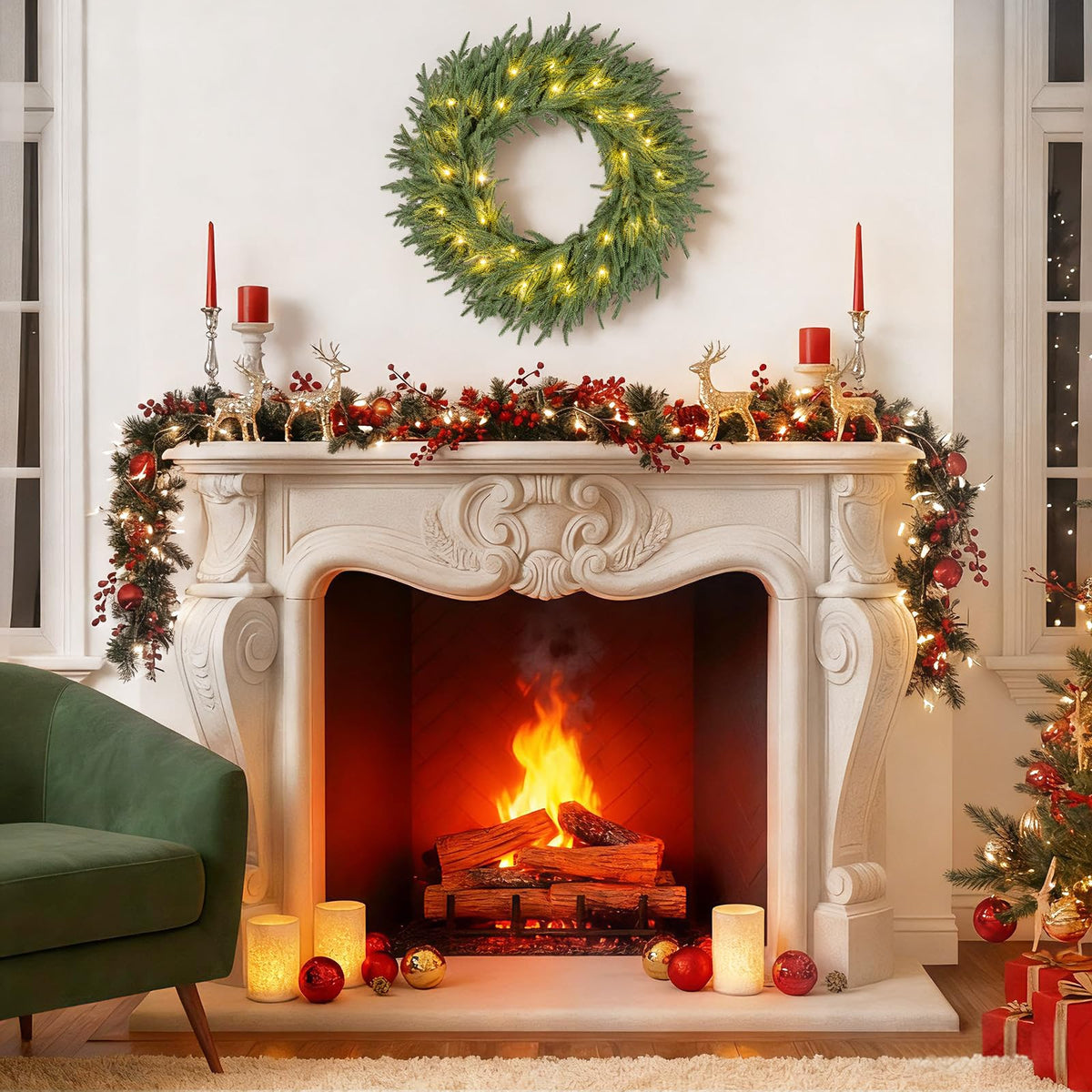 60cm/24inch Pre-Lit Christmas Wreath with LED Lights