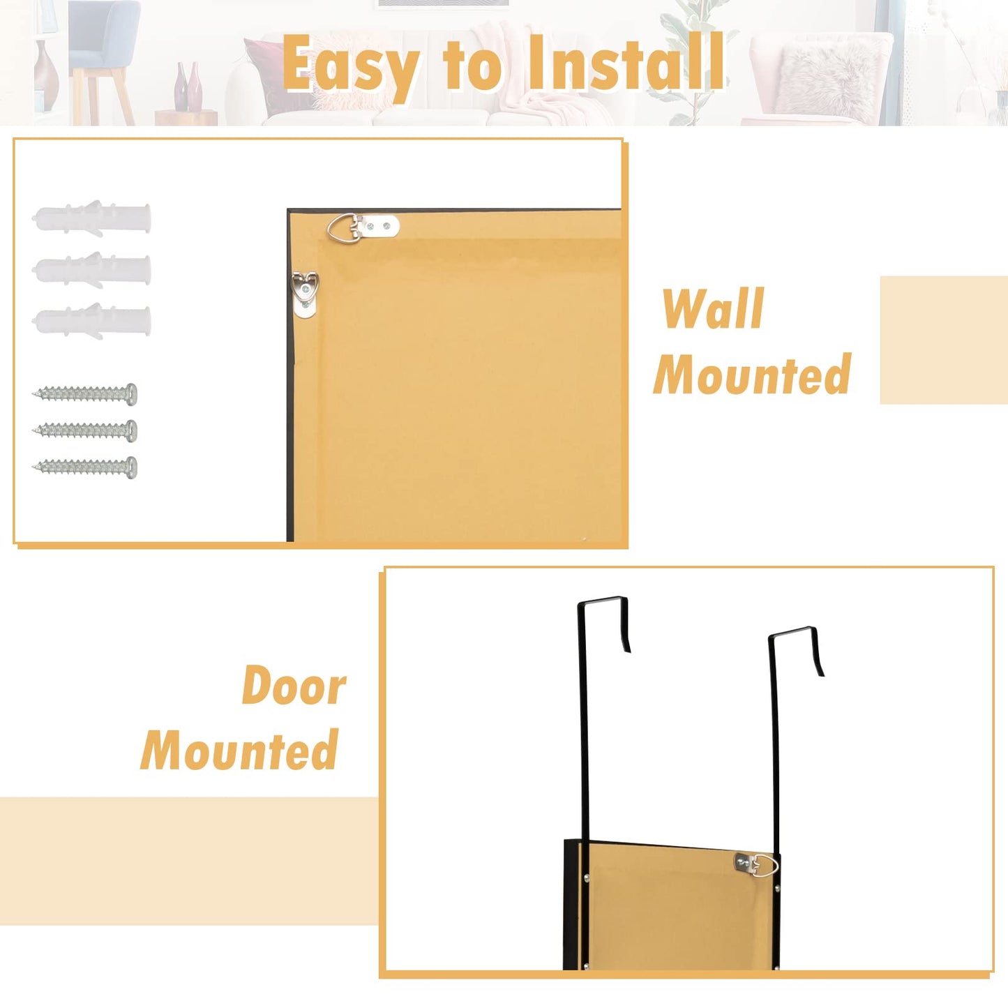 Full Length Over the Door Mirror with Hanging Hooks for Bedroom