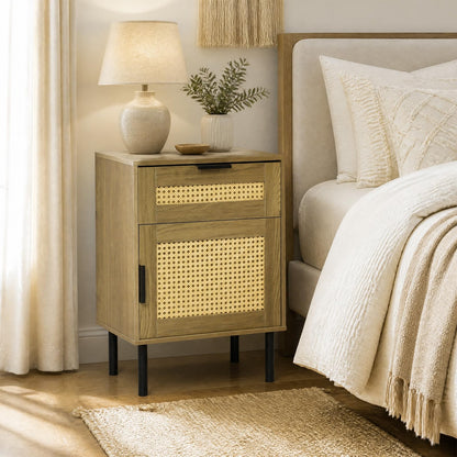 Rattan Bedside Table, End Sofa Side Table with Drawer