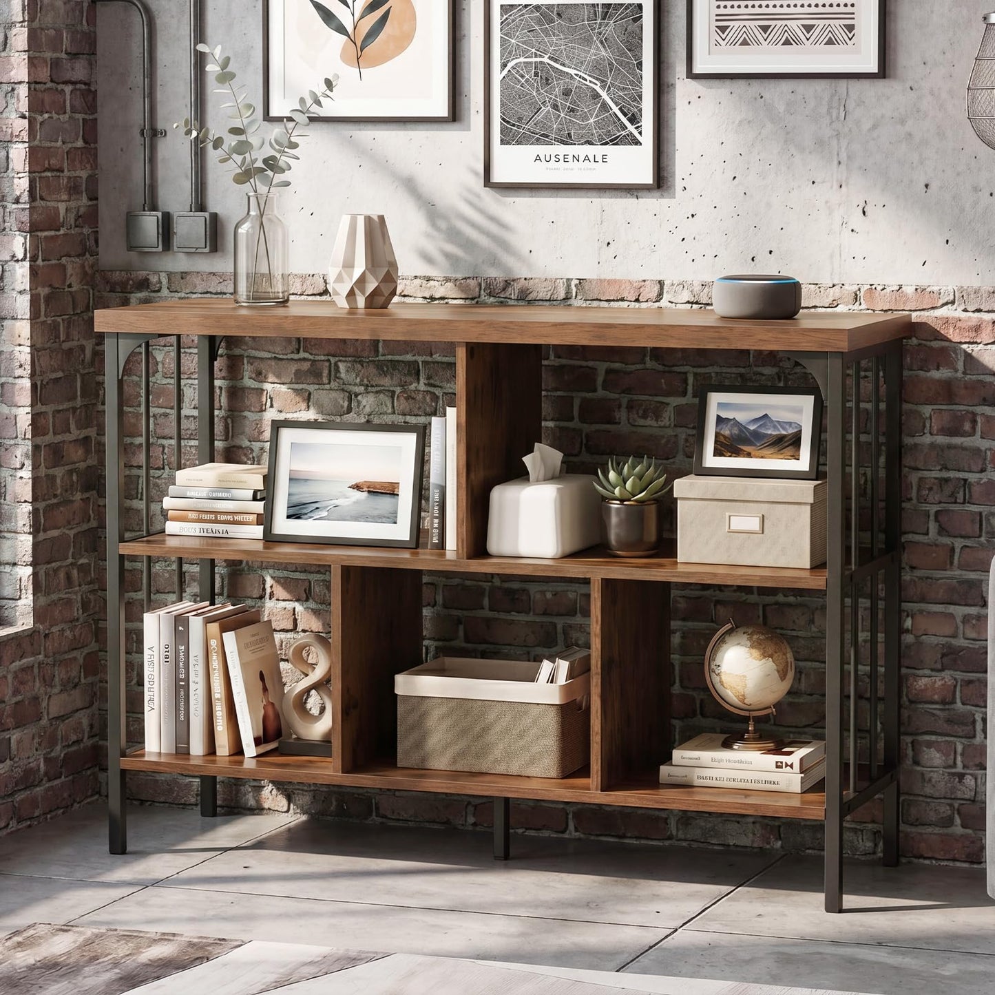 3-Tier Bookshelf with 2 Anti-Tipping Kits Metal Frame and Fencing