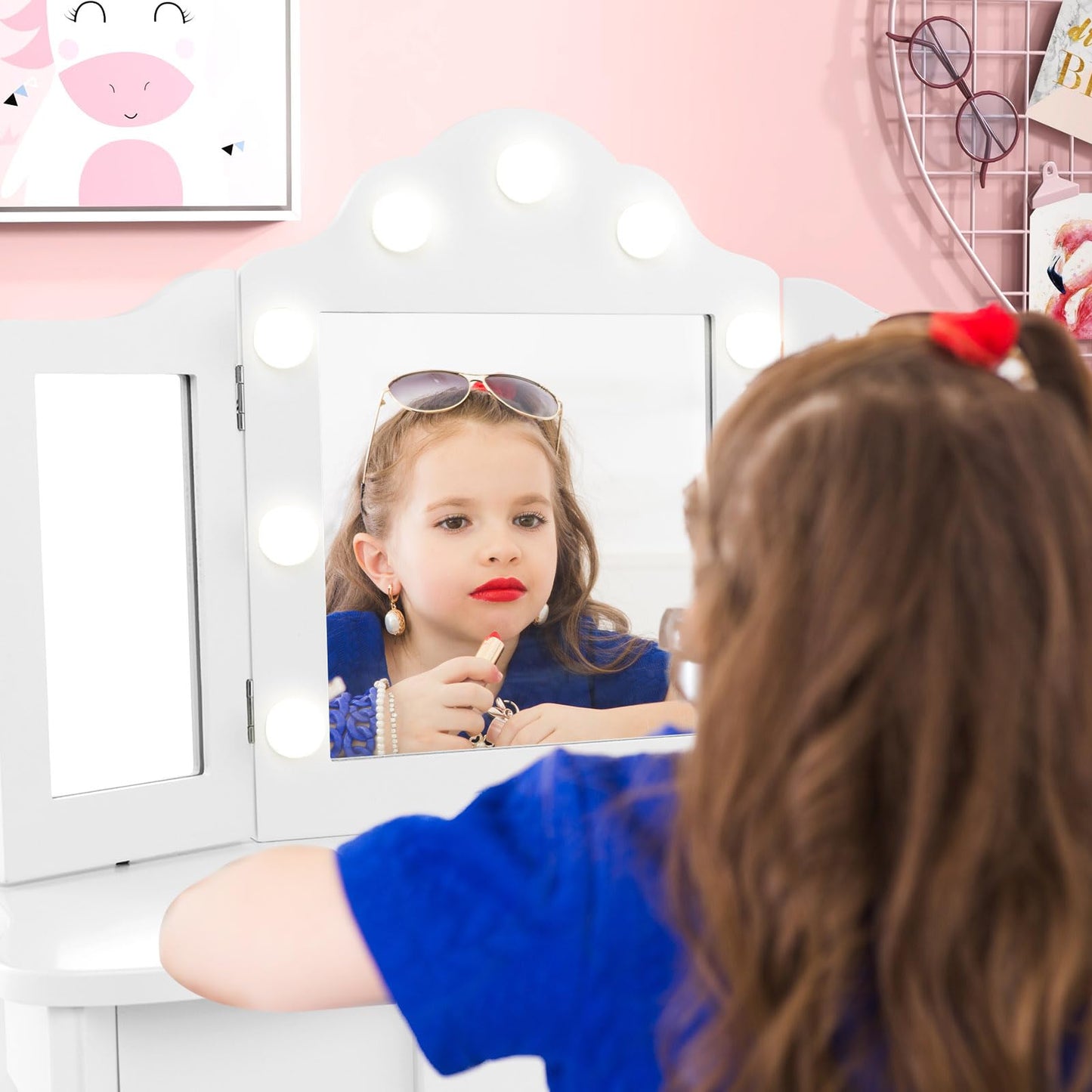 Kids Vanity Table and Stool Set with Real Glass Tri-Folding Mirror and Drawer