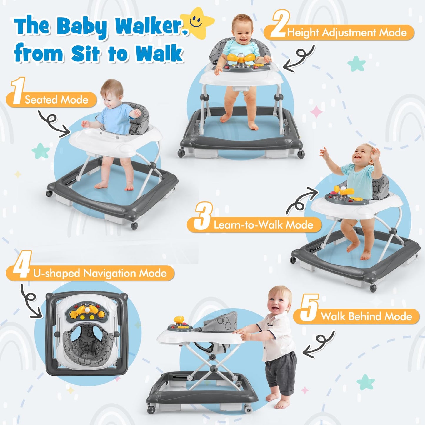 5 in 1 Baby Walker Foldable Push Along Walkers with Adjustable Height