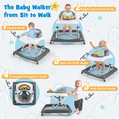 5 in 1 Baby Walker Foldable Push Along Walkers with Adjustable Height