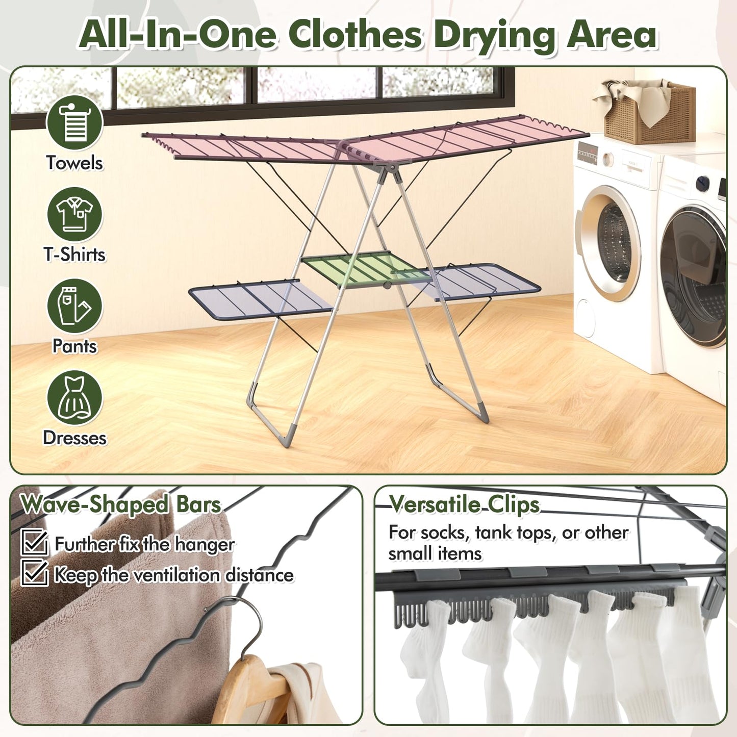 2-Level Foldable Clothes Airer Dryer Horse with Height-Adjustable Wings
