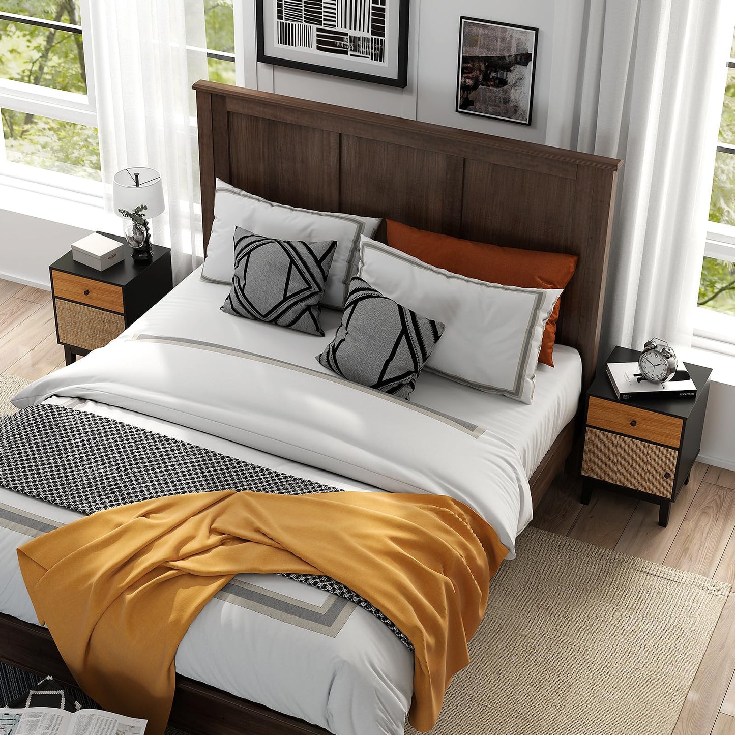 Modern Rattan Nightstand with Storage Drawer and Cabinet