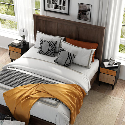 Modern Rattan Nightstand with Storage Drawer and Cabinet