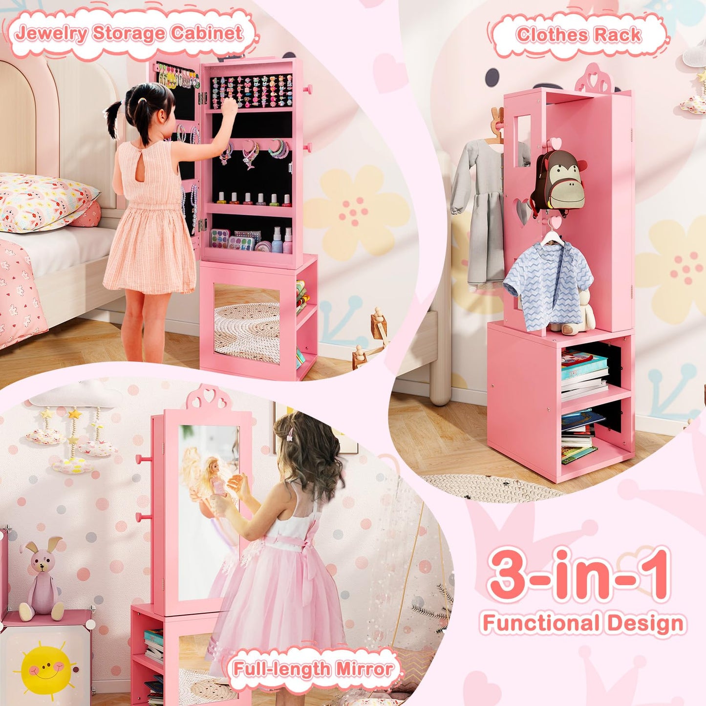 Kids Jewelry Armoire Full Length Mirror with Coat Rack and Storage Shelves