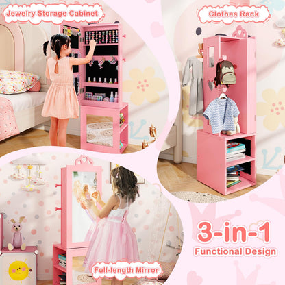 Kids Jewelry Armoire Full Length Mirror with Coat Rack and Storage Shelves