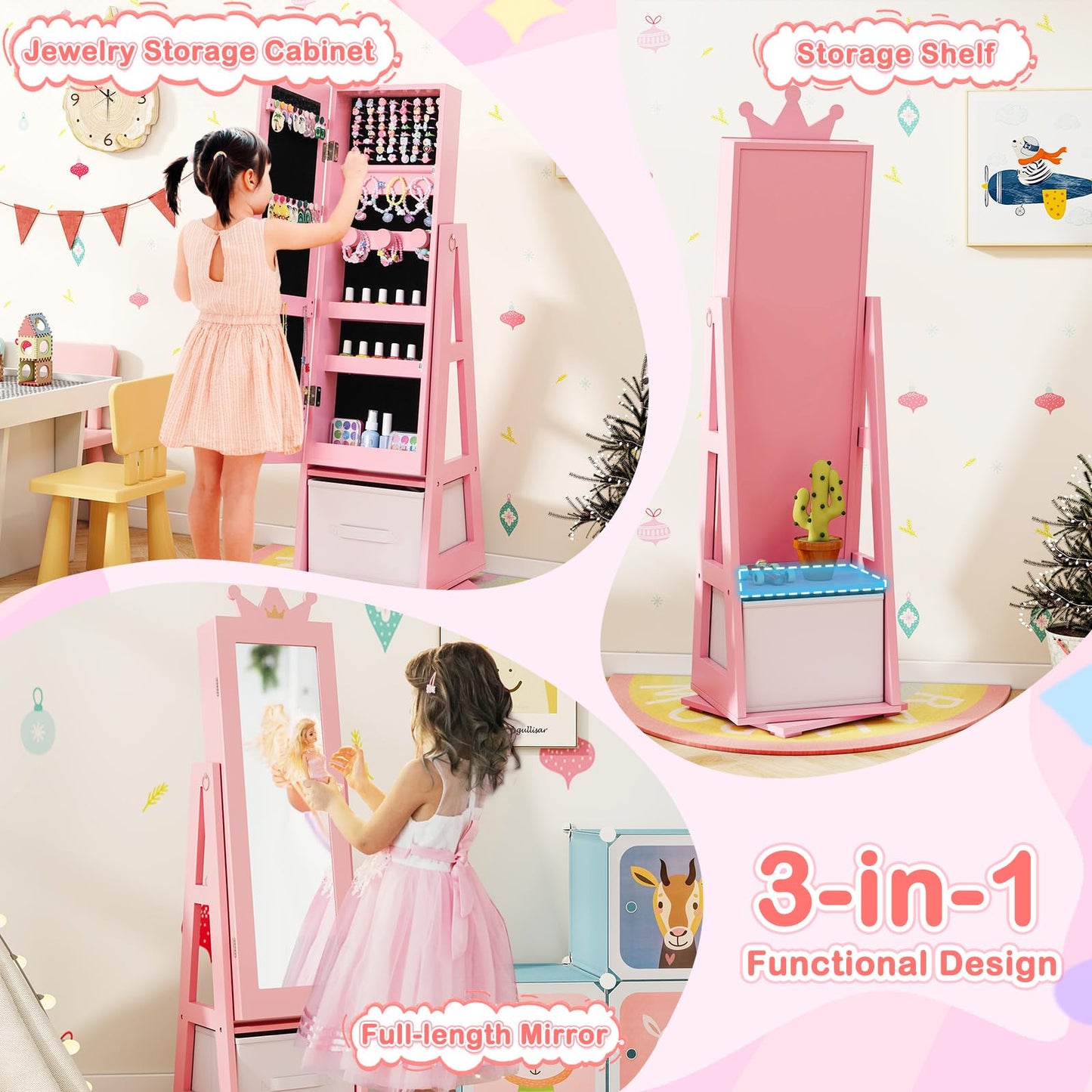 Kids Jewelry Cabinet Standing Jewelry Organizer with Full-Length Mirror