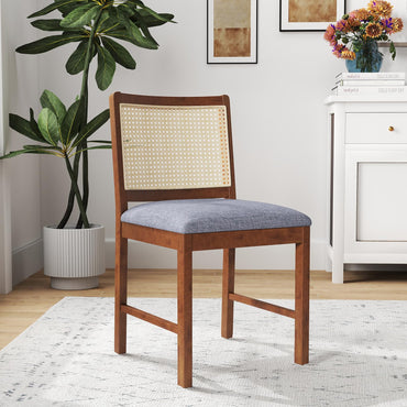 Rattan Dining Chair Set of 2 with Rubber Wood Frame and Linen Fabric Padded