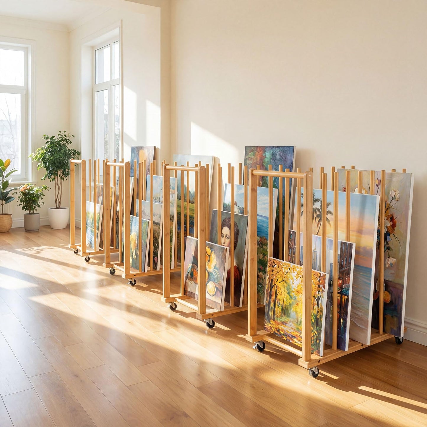 Bamboo Art Storage Rack with 4 Wheels and Side Handle for Canvases and Frames