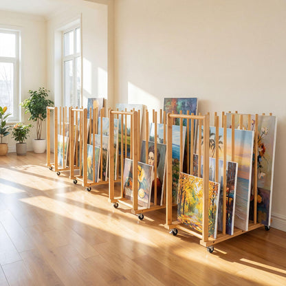 Bamboo Art Storage Rack with 4 Wheels and Side Handle for Canvases and Frames