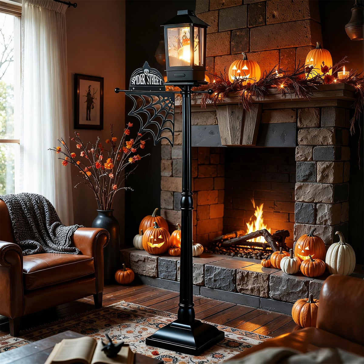 155 cm Halloween Lamp Post Sound-Activated with Black Snowy Effects