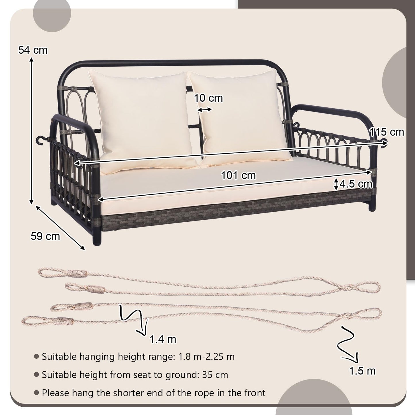 2-Person Patio Wicker Swing Chair with Removable Cushions for Garden, Poolside, Backyard