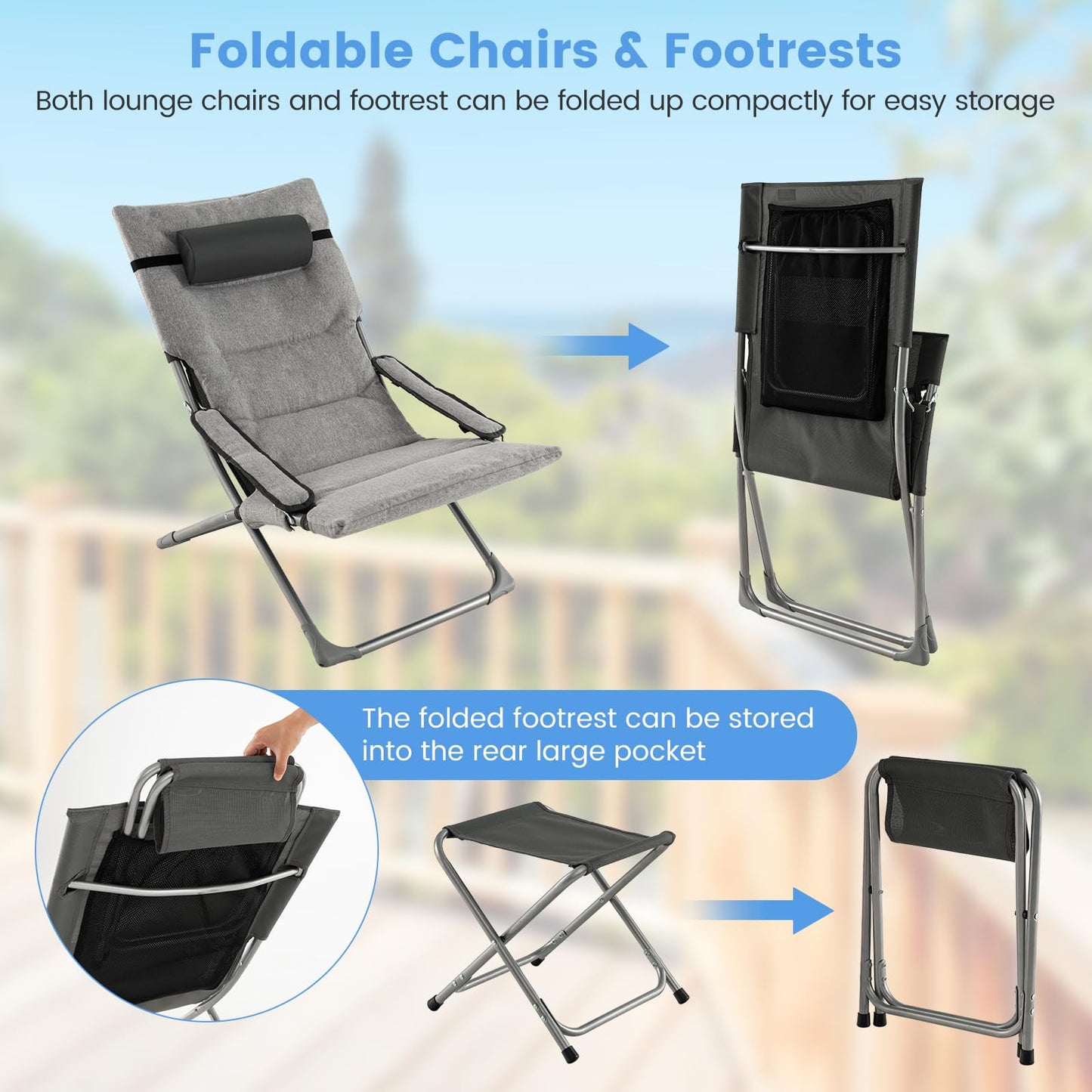 Giantex 5-Piece Garden Furniture Set Folding Sun Loungers with Footstools Coffee Table