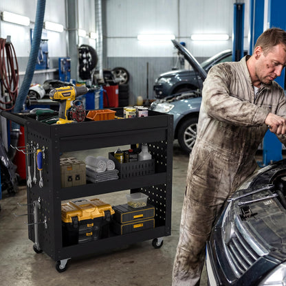 3-Tier Tool Trolley on Wheels, Lockable Metal Mechanic Tool Cart with Drawer