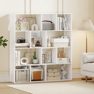 4-Tier Modern Bookshelf with 12 Storage Compartments and 2 Anti-Tip Kits