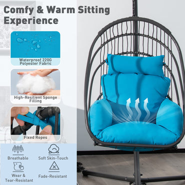 Foldable Rattan Swing Egg Chair with Stand & Soft Cushion