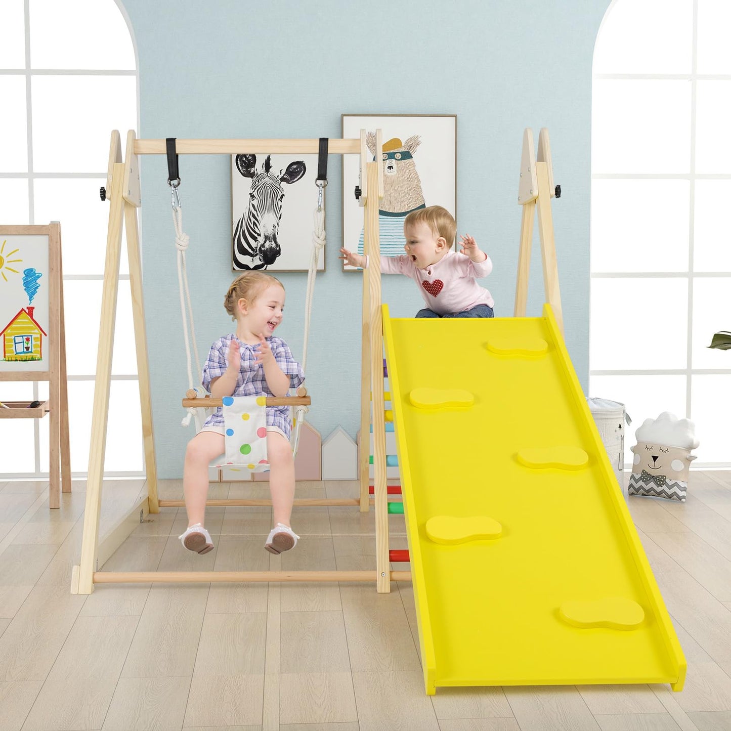 Kids Climbing Frame, Wooden Children Climber Playset with Swing, Ladder