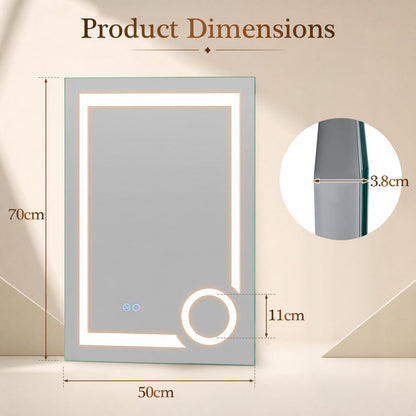 500x700mm Bathroom Mirror with LED Lights, 3x Magnifier, Anti-Fog