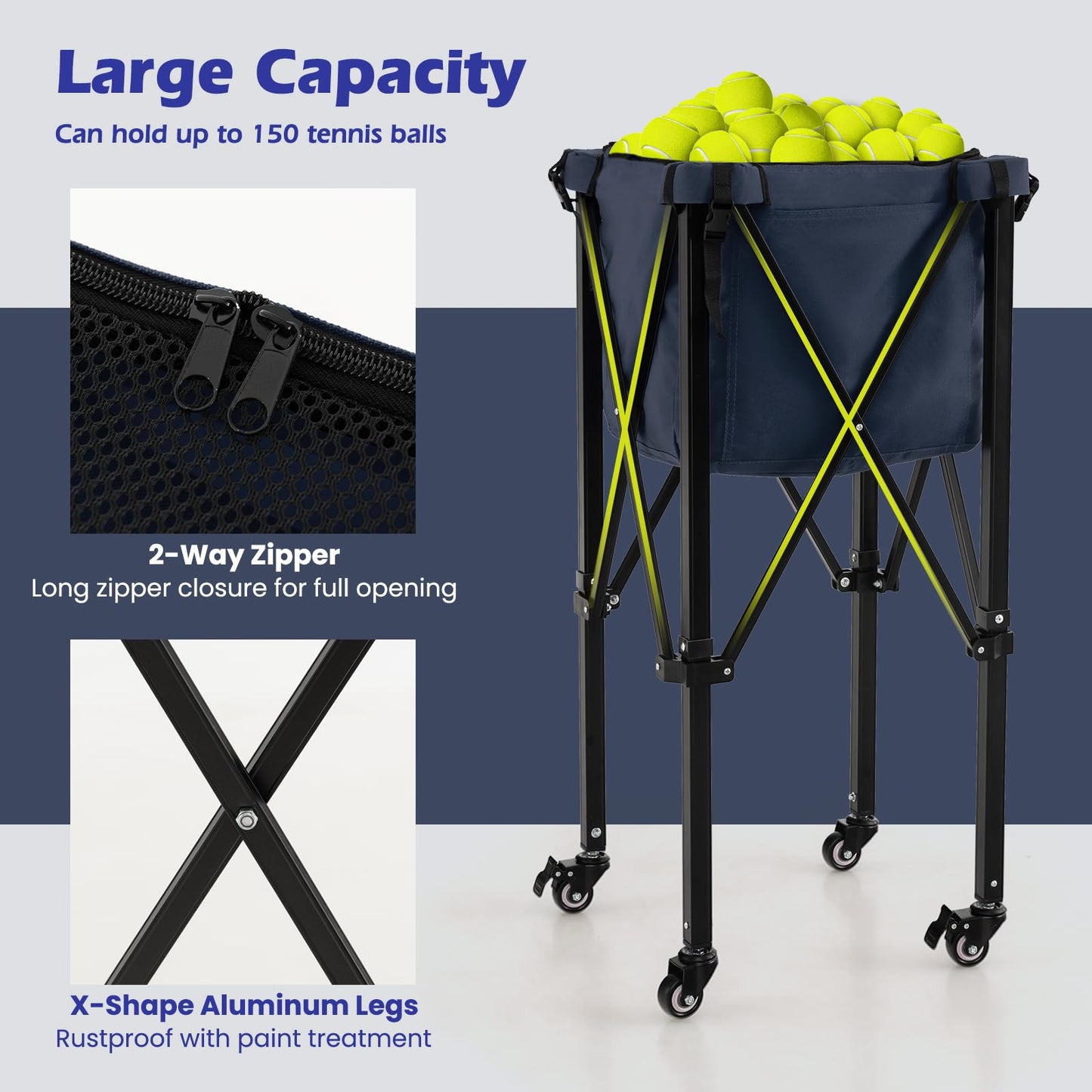 Foldable Aluminum Tennis Ball Cart Hopper Basket with Wheels
