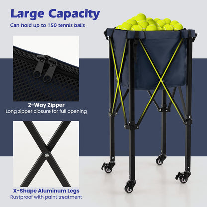 Foldable Aluminum Tennis Ball Cart Hopper Basket with Wheels