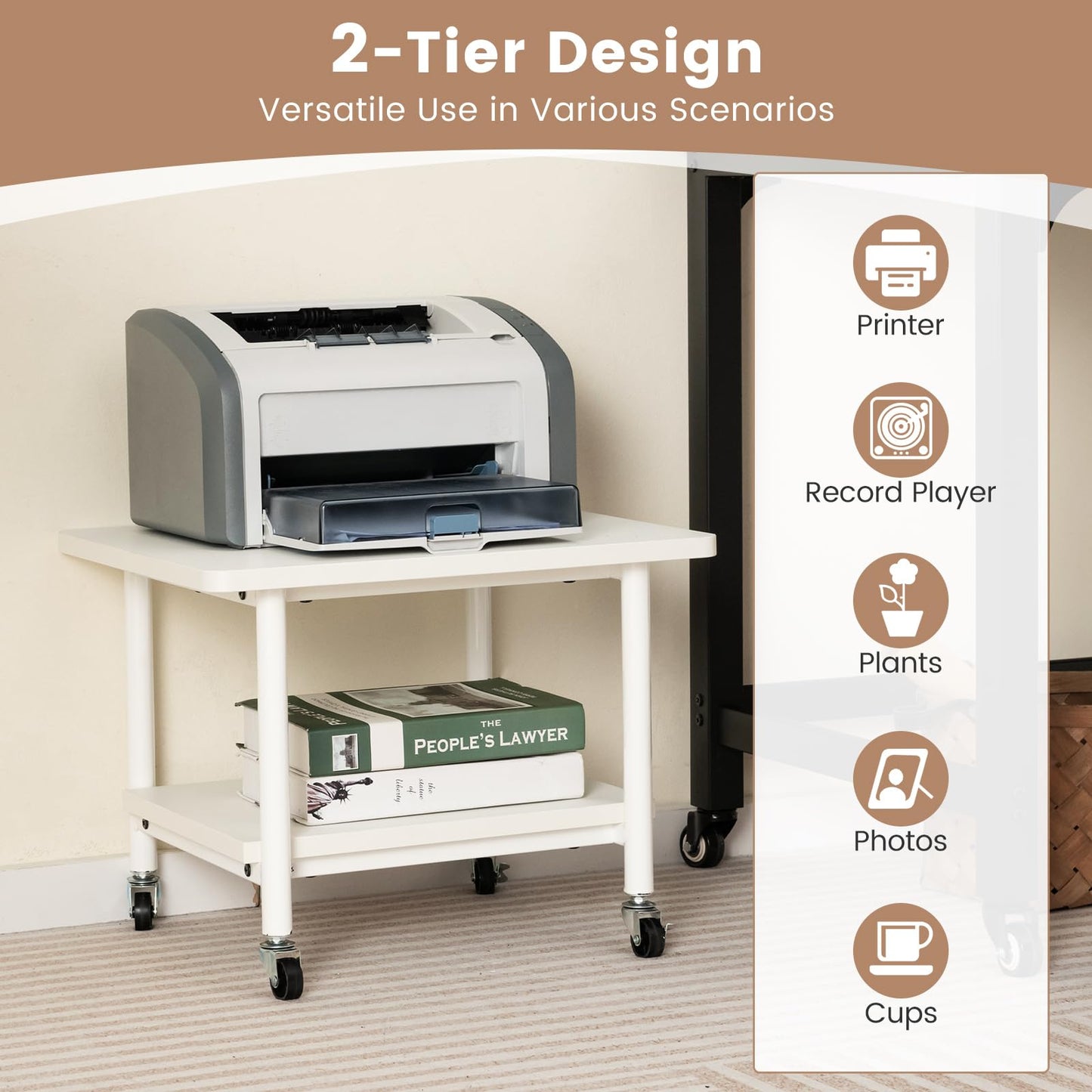 2 Tier Wooden Printer Stand with 360° Swivel Casters