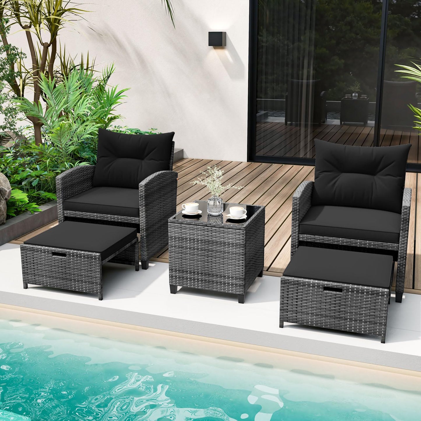5-Piece Rattan Garden Furniture Set, Patio Conversation Set with 2 Chairs