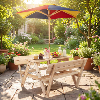Kids Picnic Table Bench Set, Children 4 Seat Activity Play Table with Removable & Folding Umbrella