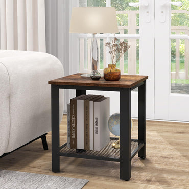 2 Tier End Table Square Sofa Side Table with Mesh Shelf