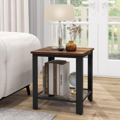 2 Tier End Table Square Sofa Side Table with Mesh Shelf