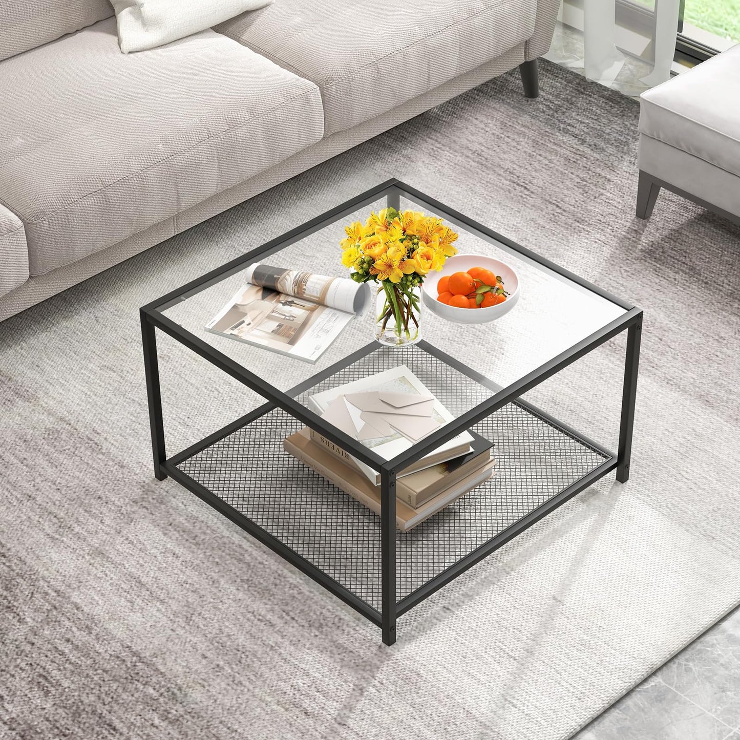 Giantex Square Coffee Table Tempered Glass Sofa Side Table with Adjustable Foot Pads ((with Mesh Shelf)