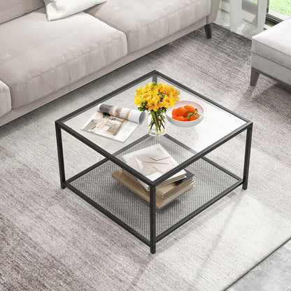 Giantex Square Coffee Table Tempered Glass Sofa Side Table with Adjustable Foot Pads ((with Mesh Shelf)