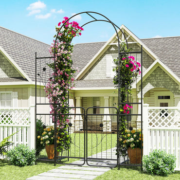 Garden Arch with Gate, Heavy Duty Plants Support Archway for Lawn Backyard Party