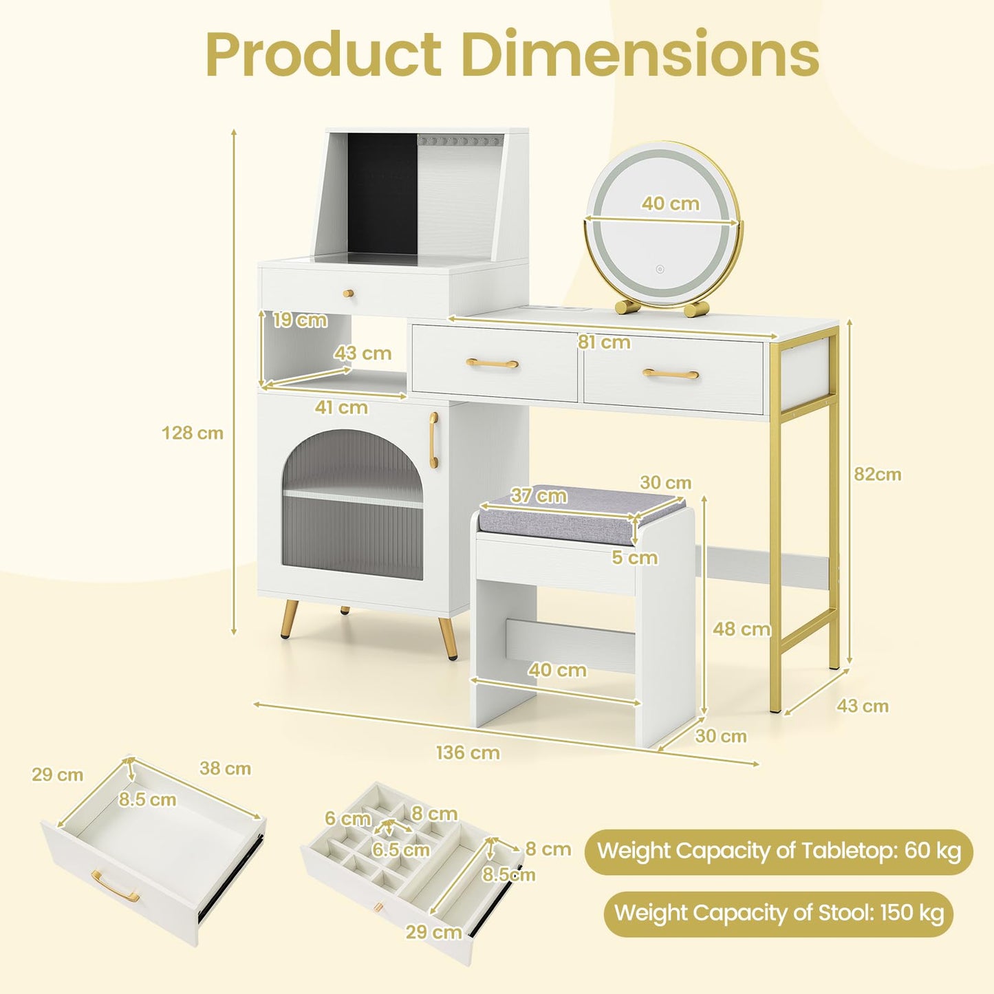 Dressing Table with 3-Color LED Lights Swivel Mirror and Stool