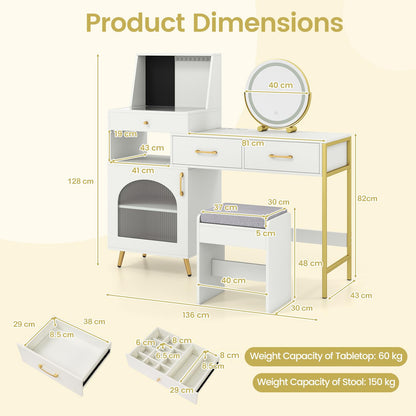 Dressing Table with 3-Color LED Lights Swivel Mirror and Stool